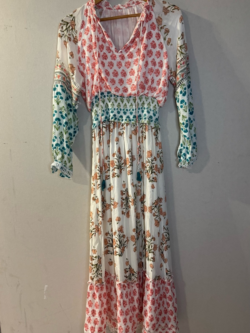 DEX Mixed Print Boho Maxi Dress Women’s XS Smocked Waist Long Sleeve Floral